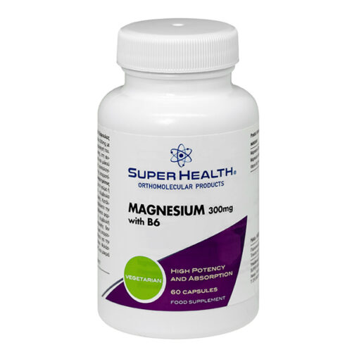 Magnesium 300mg with B6 - Super Health της σειράς Super Health παρέχει 300mg φυτικού μαγνησίου σε 1 μόνο κάψουλα, ειδικά σχεδιασμένη για την καλή λειτουργία του νευρικού και μυϊκού συστήματος.